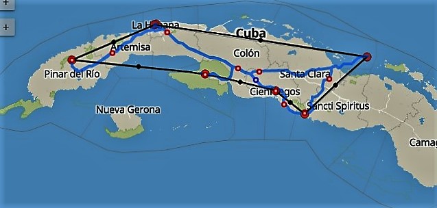 Karte mit Route der Reise Havanna, Cienfuegos, Trinidad und Cayo Santa María
