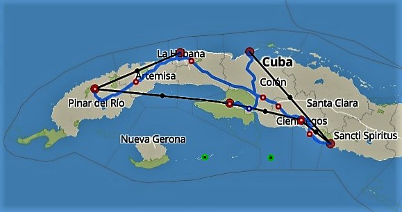 Karte mit Route der Reise Havanna, Viñales, Playa Larga, Cienfuegos, Trinidad und Varadero