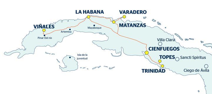 Mapa con recorrido del viaje La Habana, Viñales, Varadero, Trinidad, Cienfuegos