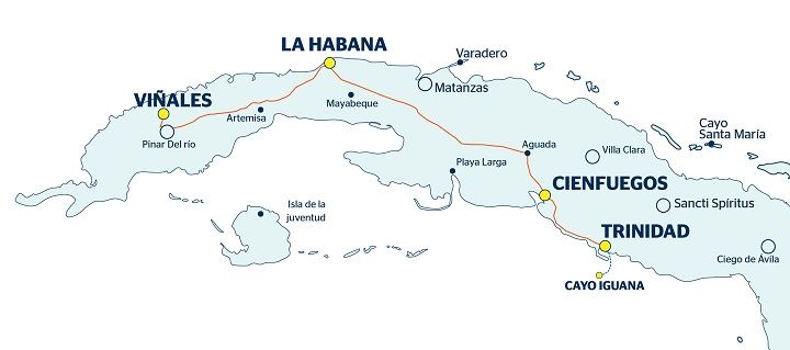 Mapa con recorrido del viaje Habana, Viñales, Trinidad, Habana