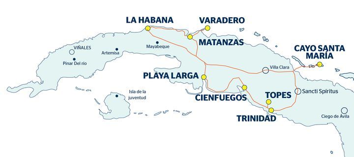 Mapa con recorrido del viaje La Habana, Playa Larga, Cienfuegos, Trinidad y Cayo Santa María