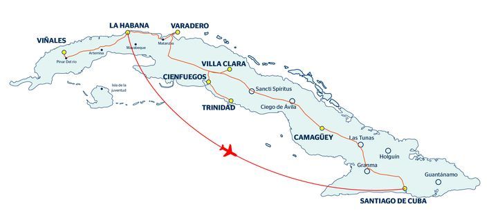 Mapa con recorrido del viaje La Habana, Santiago, Camagüey, Trinidad, Cienfuegos, Santa Clara, Varadero