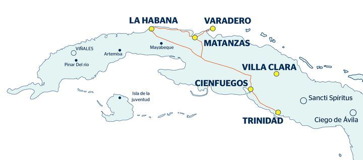 Mapa con recorrido del viaje La Habana, Cienfuegos, Trinidad y Varadero