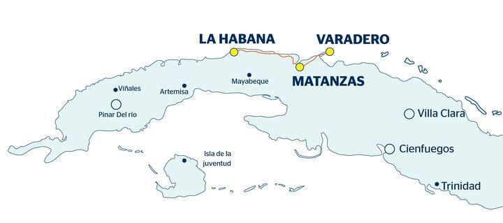 Mapa con recorrido del viaje La Habana-Varadero