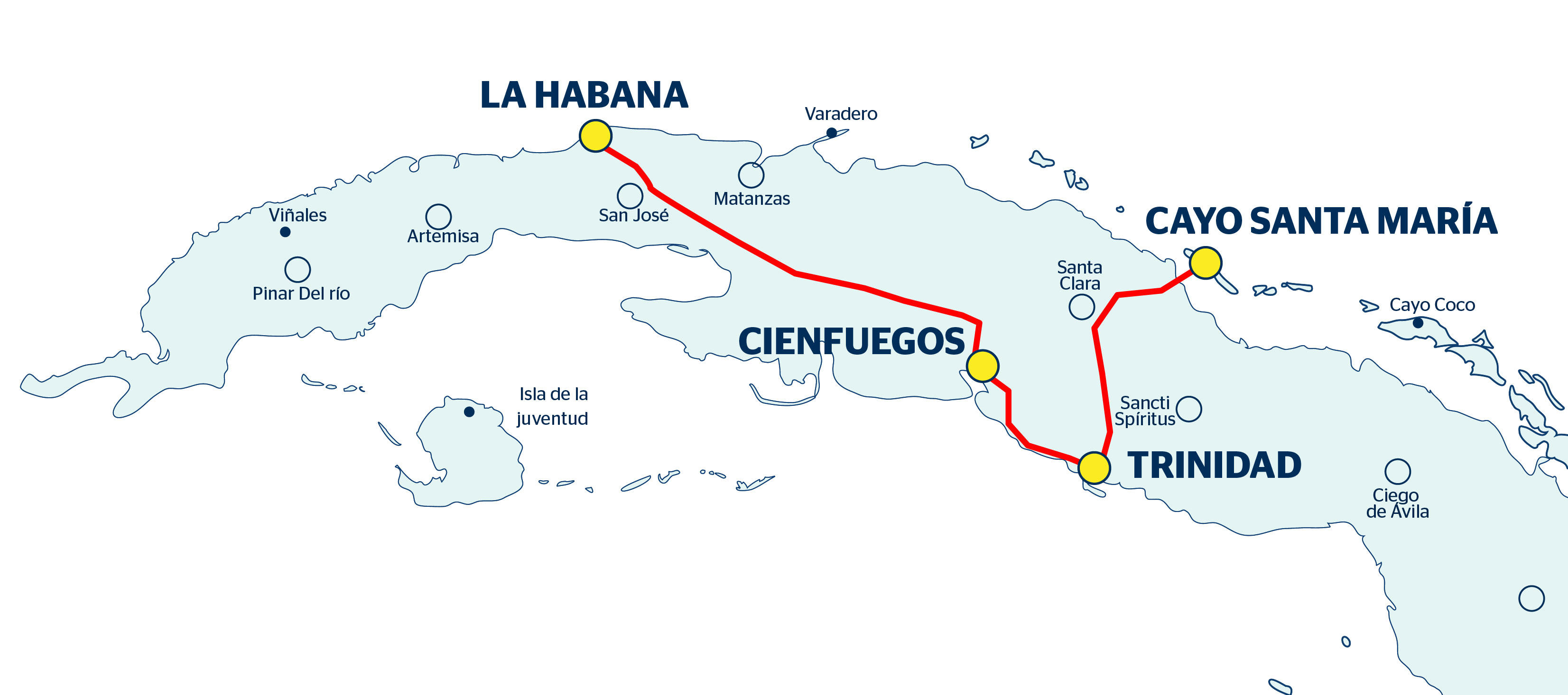 Mapa con recorrido del viaje Habana, Cienfuegos - Trinidad - CSM