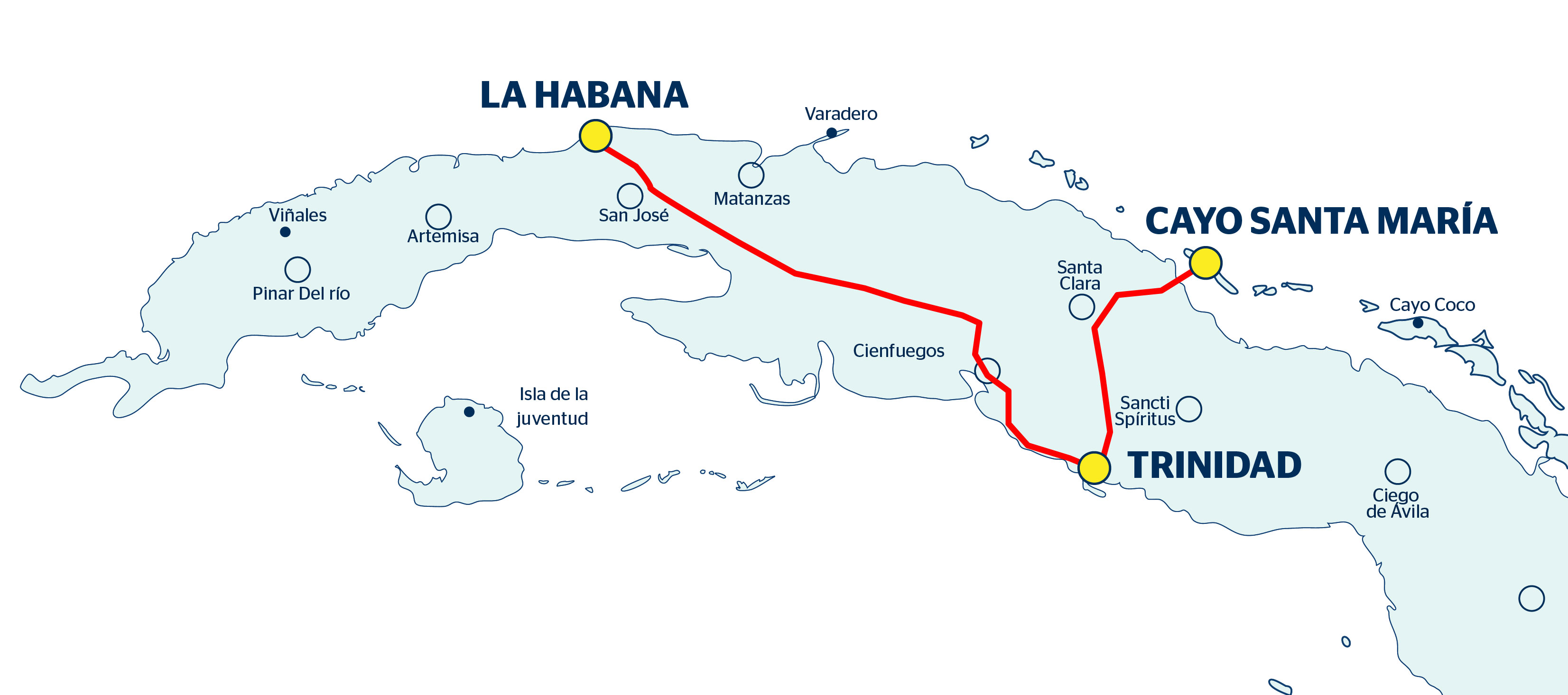 Mapa con recorrido del viaje La Habana, Trinidad, Cayo Santa María