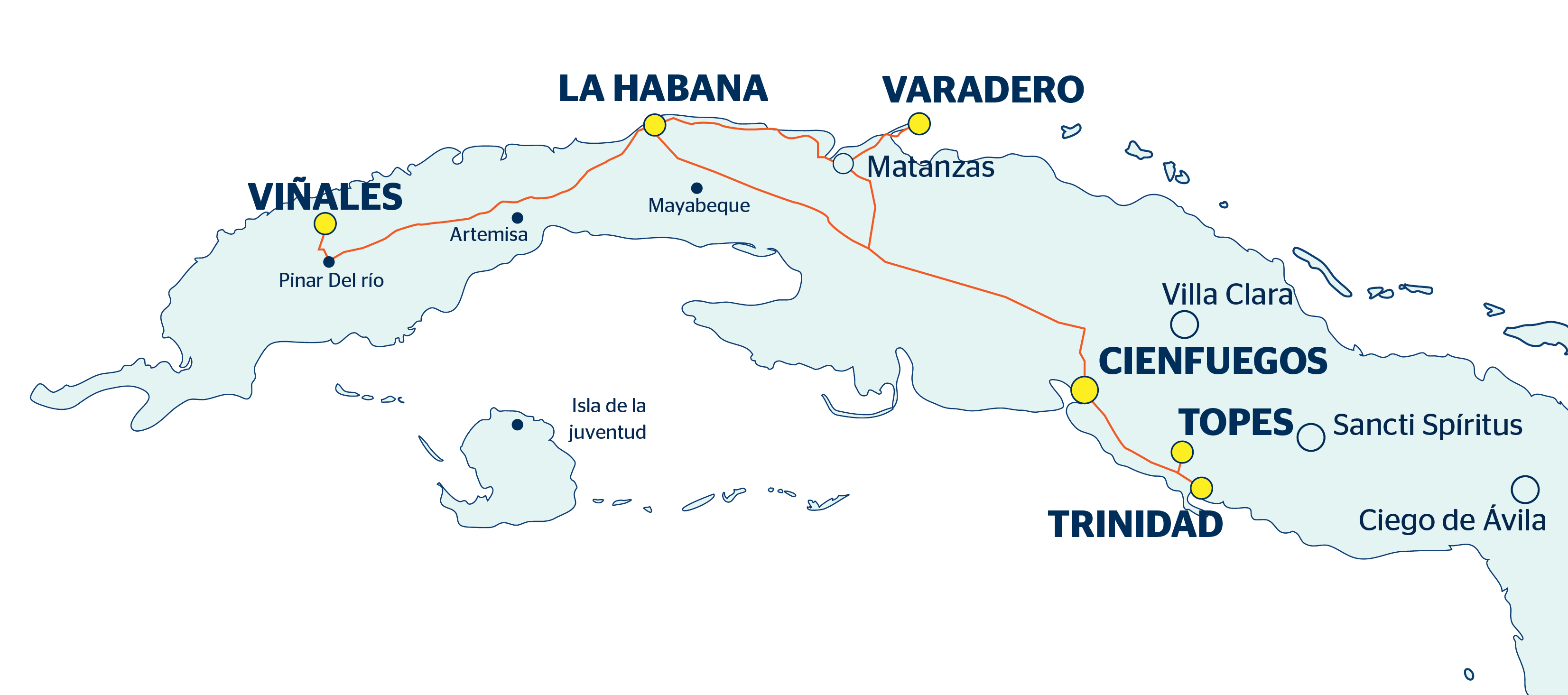 Mapa con recorrido del viaje Habana, Viñales-Playa Larga-Cienfuegos-Trinidad-Santa Clara-Varadero