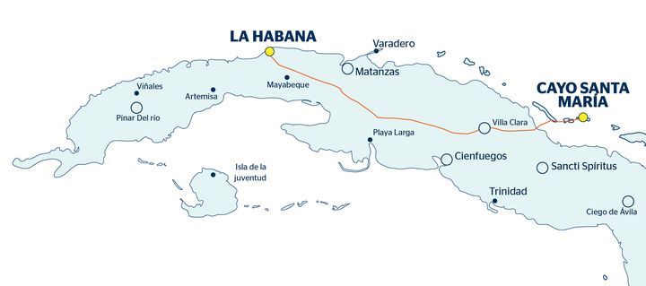 Mapa con recorrido del viaje La Habana, Pinar del Río, Cienfuegos, Trinidad, Cayo Santa María