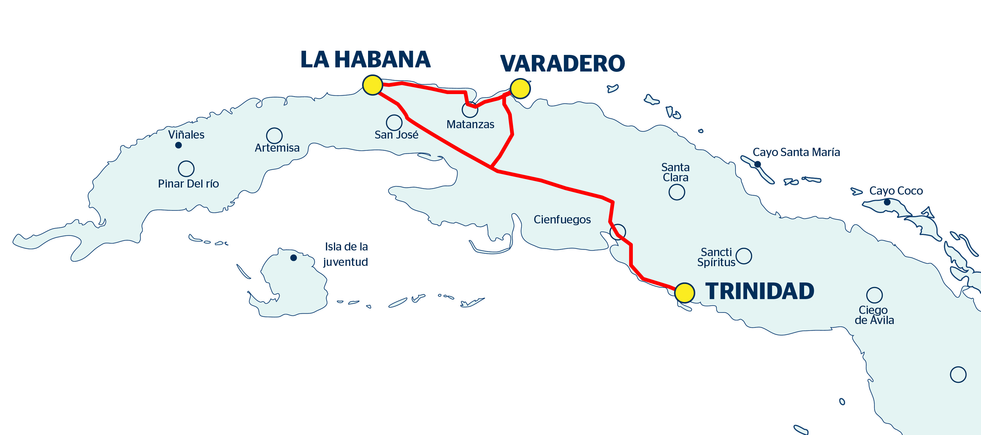 Mapa con recorrido del viaje La Habana, Trinidad-Varadero