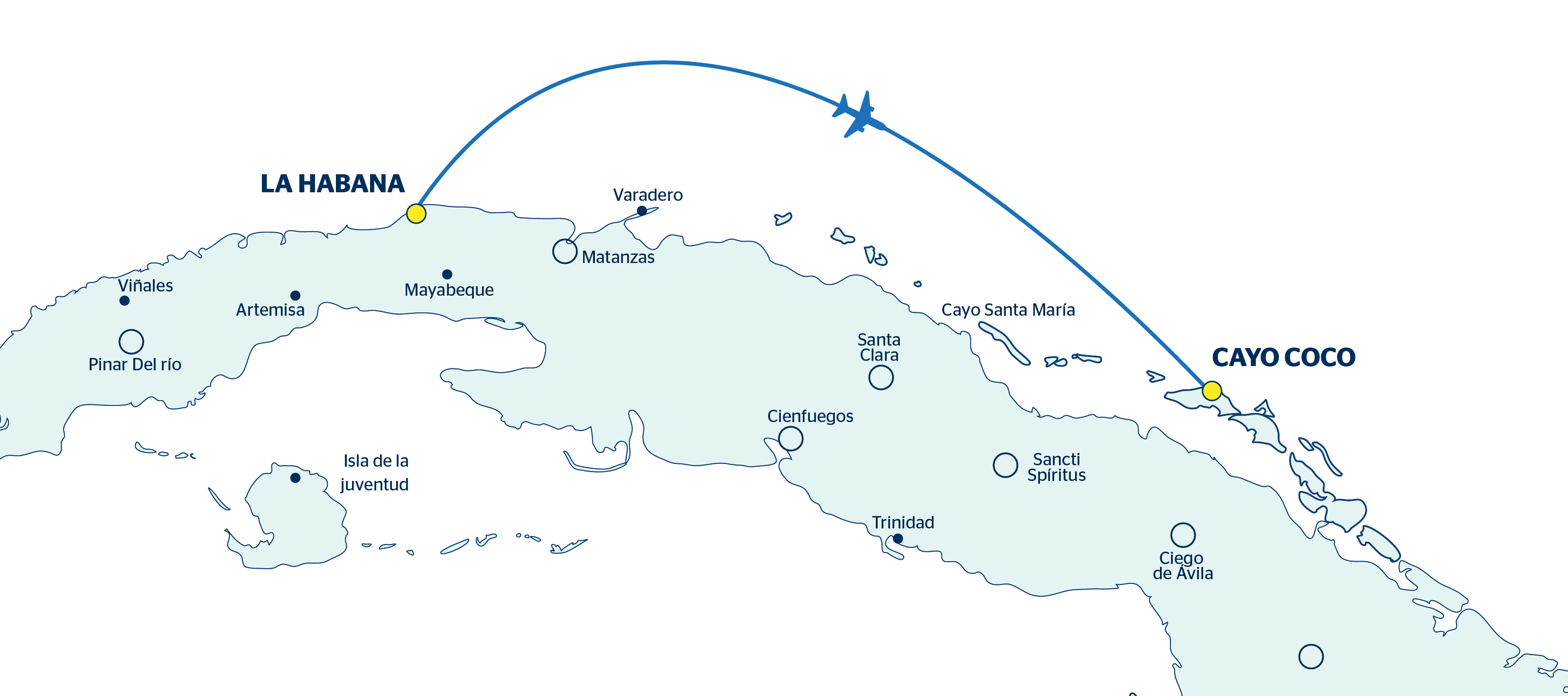 Mapa con recorrido del viaje Habana, Cayo Coco