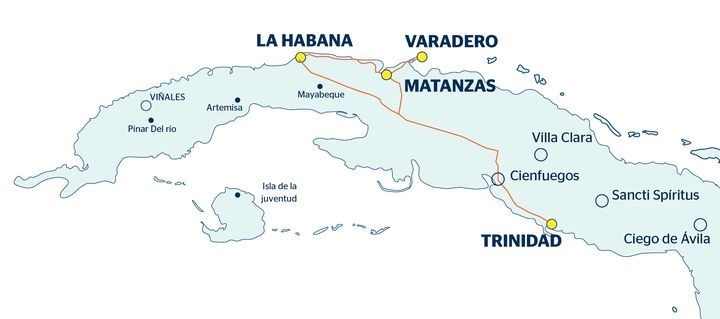 Mapa con recorrido del viaje La Habana, Varadero, Trinidad, Cienfuegos