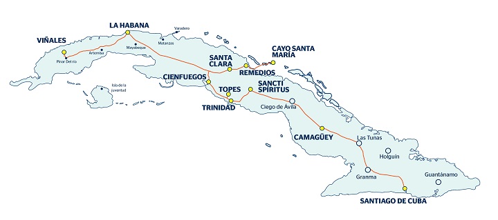 Carte avec itinéraire de voyage La Havane, Viñales, Cienfuegos, Trinidad, Varadero