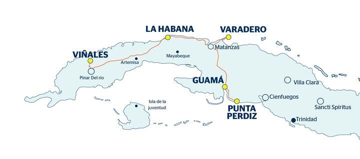 Carte avec itinéraire de voyage La Havane, Viñales, Ciénaga de Zapata et Varadero