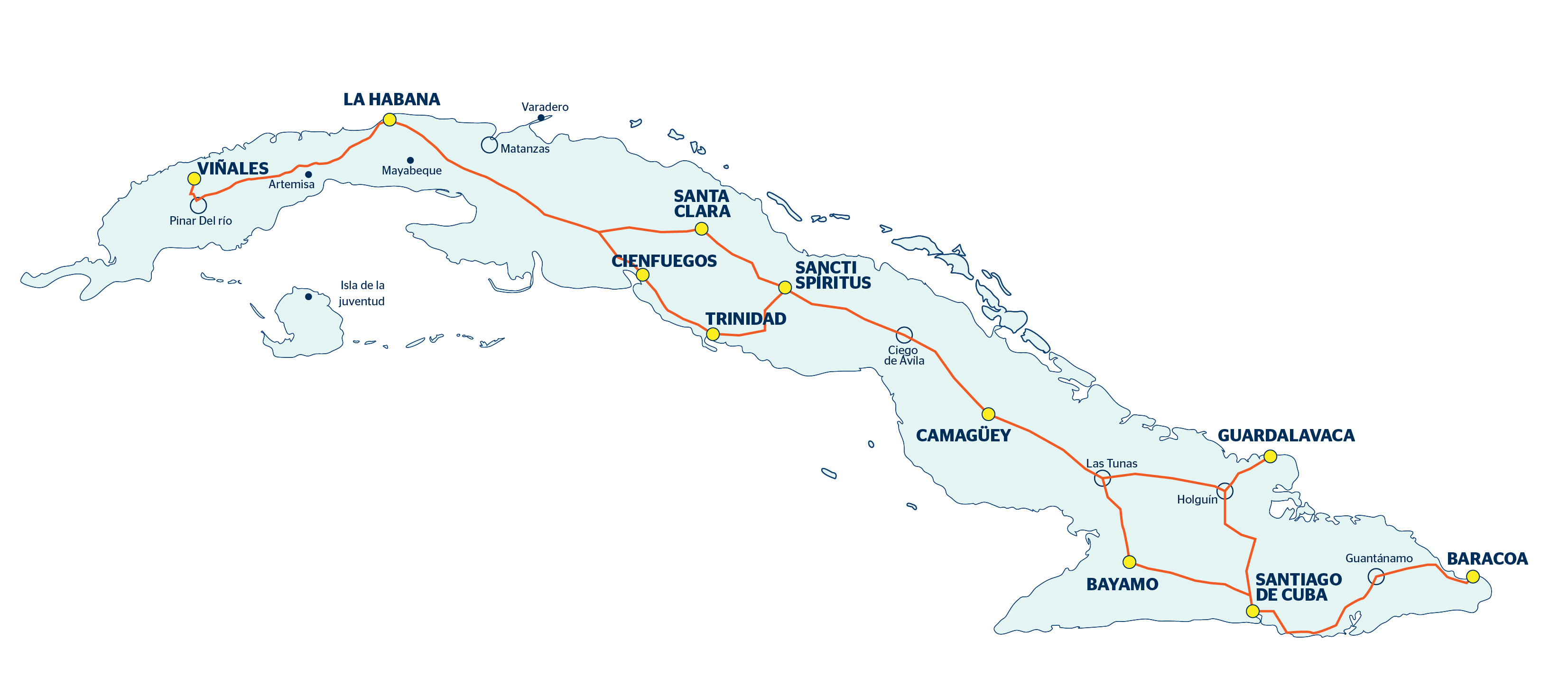 Carte avec itinéraire de voyage De, Viñales à Baracoa