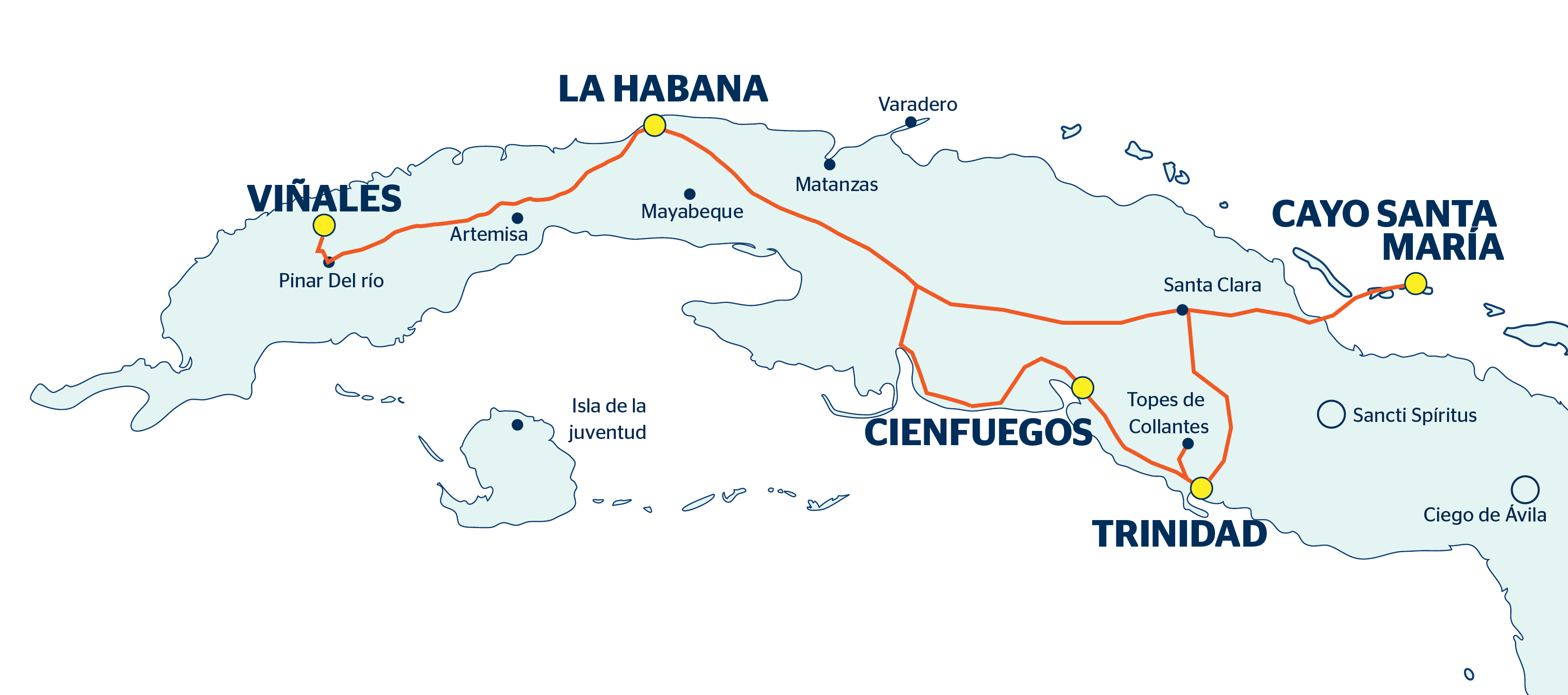 Carte avec itinéraire de voyage La Havane, Viñales, Cienfuegos, Trinidad, Cayo Santa María